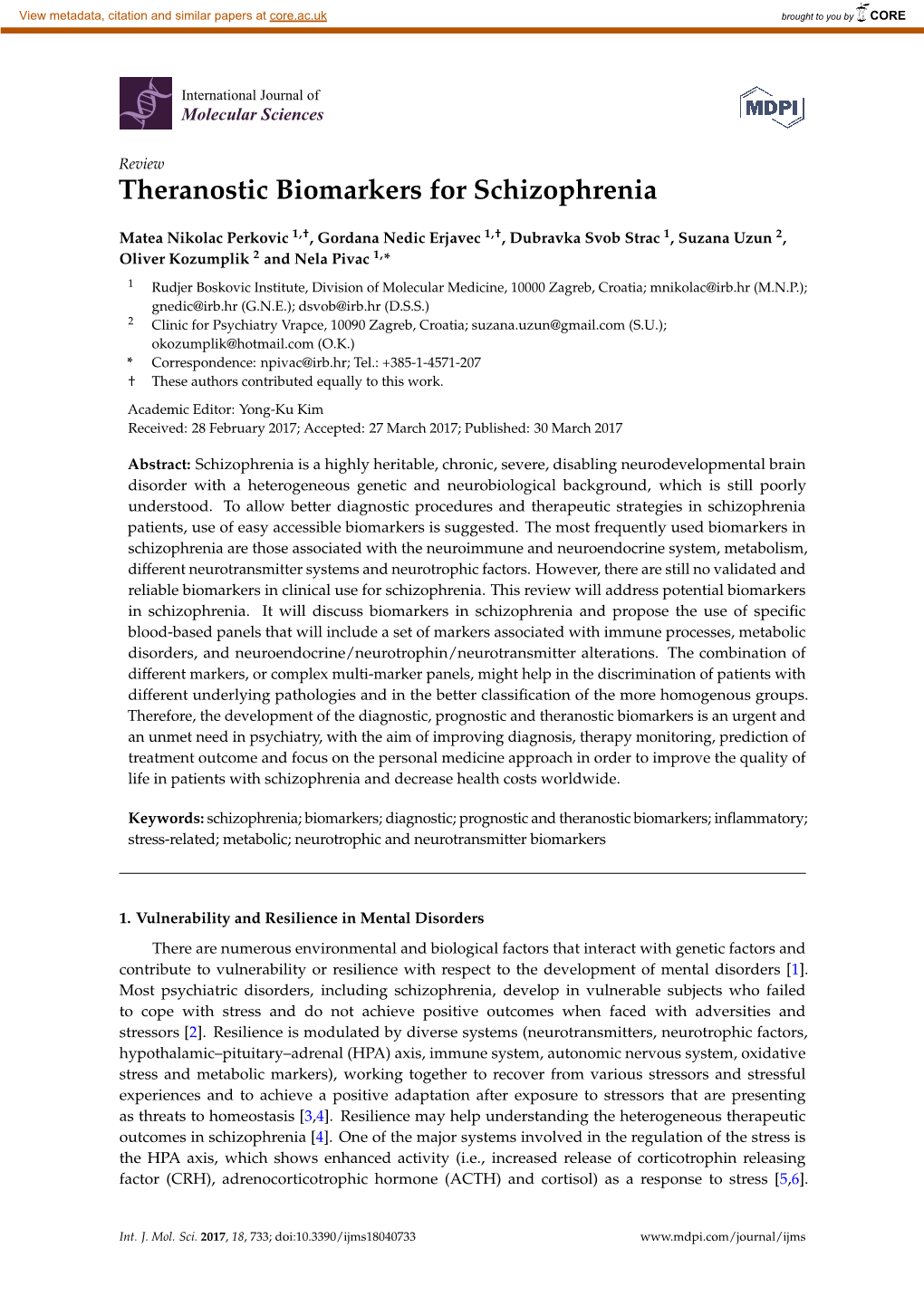 Theranostic Biomarkers for Schizophrenia