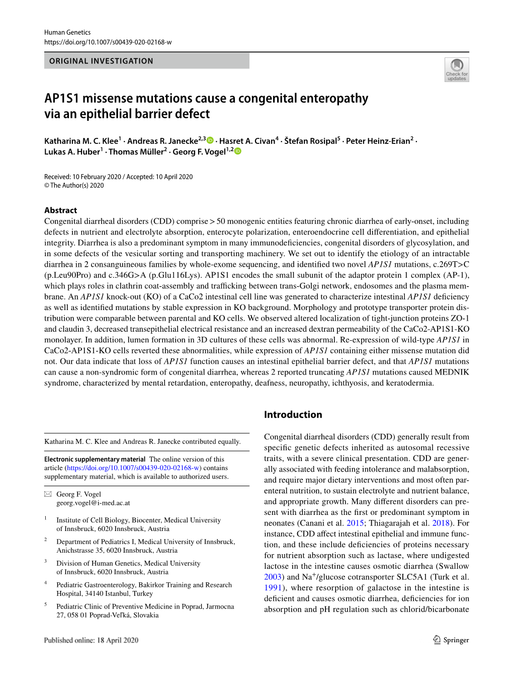 AP1S1 Missense Mutations Cause a Congenital Enteropathy Via an Epithelial Barrier Defect