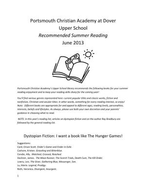 Portsmouth Christian Academy at Dover Upper School Recommended Summer Reading June 2013