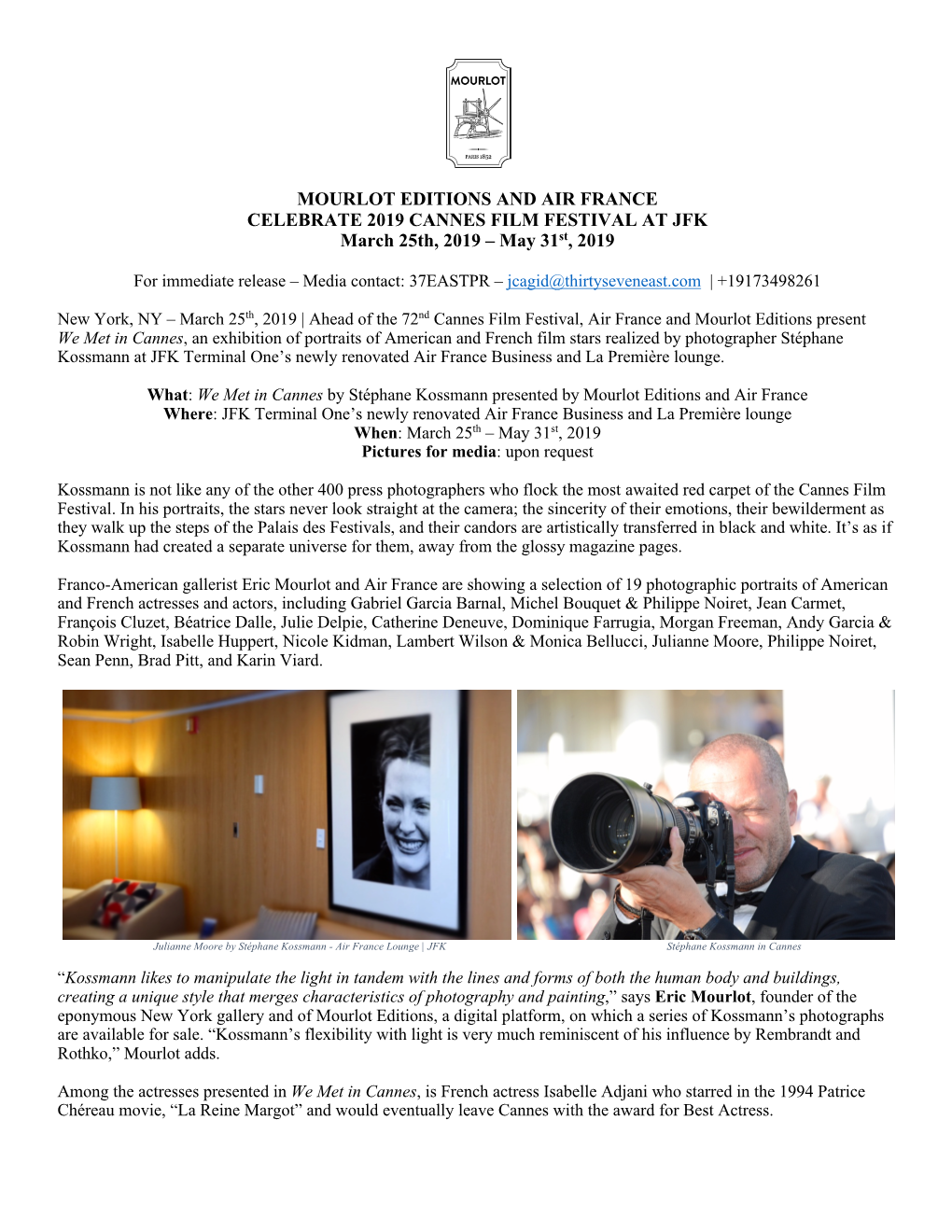 MOURLOT EDITIONS and AIR FRANCE CELEBRATE 2019 CANNES FILM FESTIVAL at JFK March 25Th, 2019 – May 31St, 2019