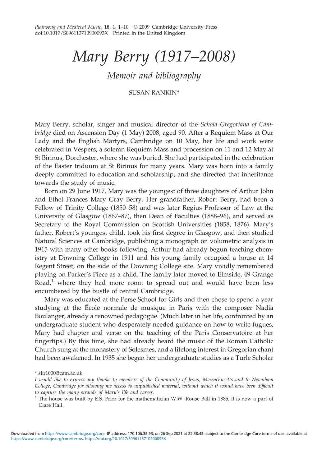 Mary Berry (1917–2008) Memoir and Bibliography