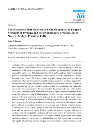 The Hypothesis That the Genetic Code Originated in Coupled Synthesis of Proteins and the Evolutionary Predecessors of Nucleic Acids in Primitive Cells