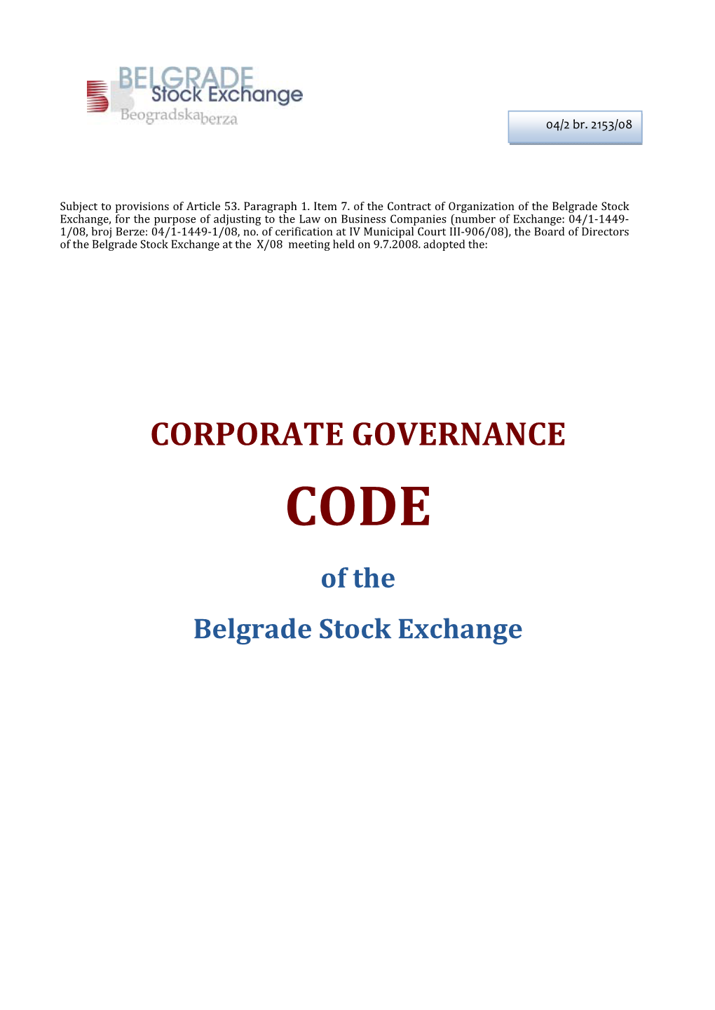 Corporate Governance Code Belgrade Stock Exchange