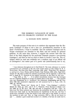 THE HOMERIC CATALOGUE of SHIPS and ITS DRAMATIC CONTEXT in the ILIAD the Main Purpose of This Note Is to Reinforce the Argument