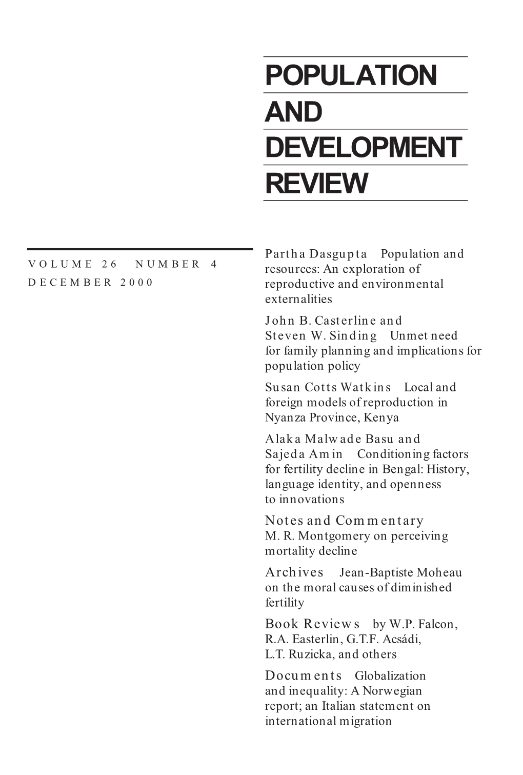 Population and Development Review, Volume 26, Number 4