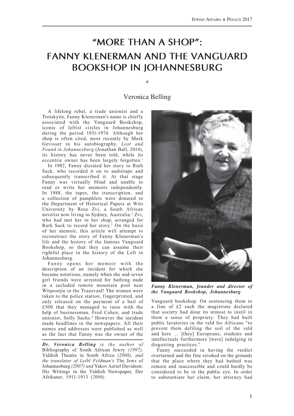 Fanny Klenerman and the Vanguard Bookshop in Johannesburg *