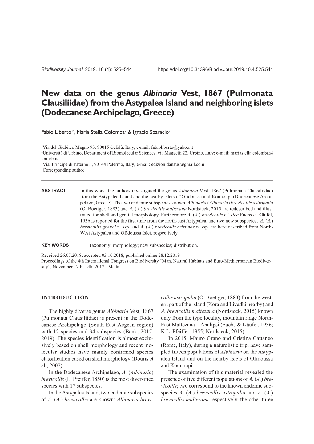 New Data on the Genus Albinaria Vest, 1867 (Pulmonata Clausiliidae) from the Astypalea Island and Neighboring Islets (Dodecanese Archipelago, Greece)