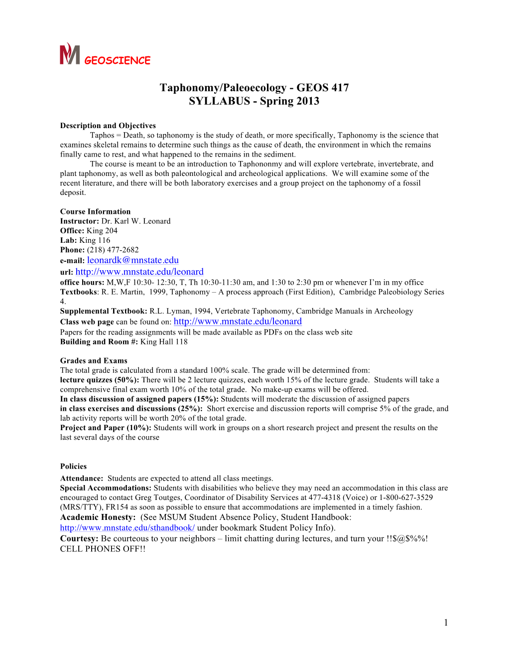 Taphonomy/Paleoecology - GEOS 417 SYLLABUS - Spring 2013