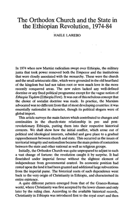 The Orthodox Church and the State in . the Ethiopian Revolution, 1974-84