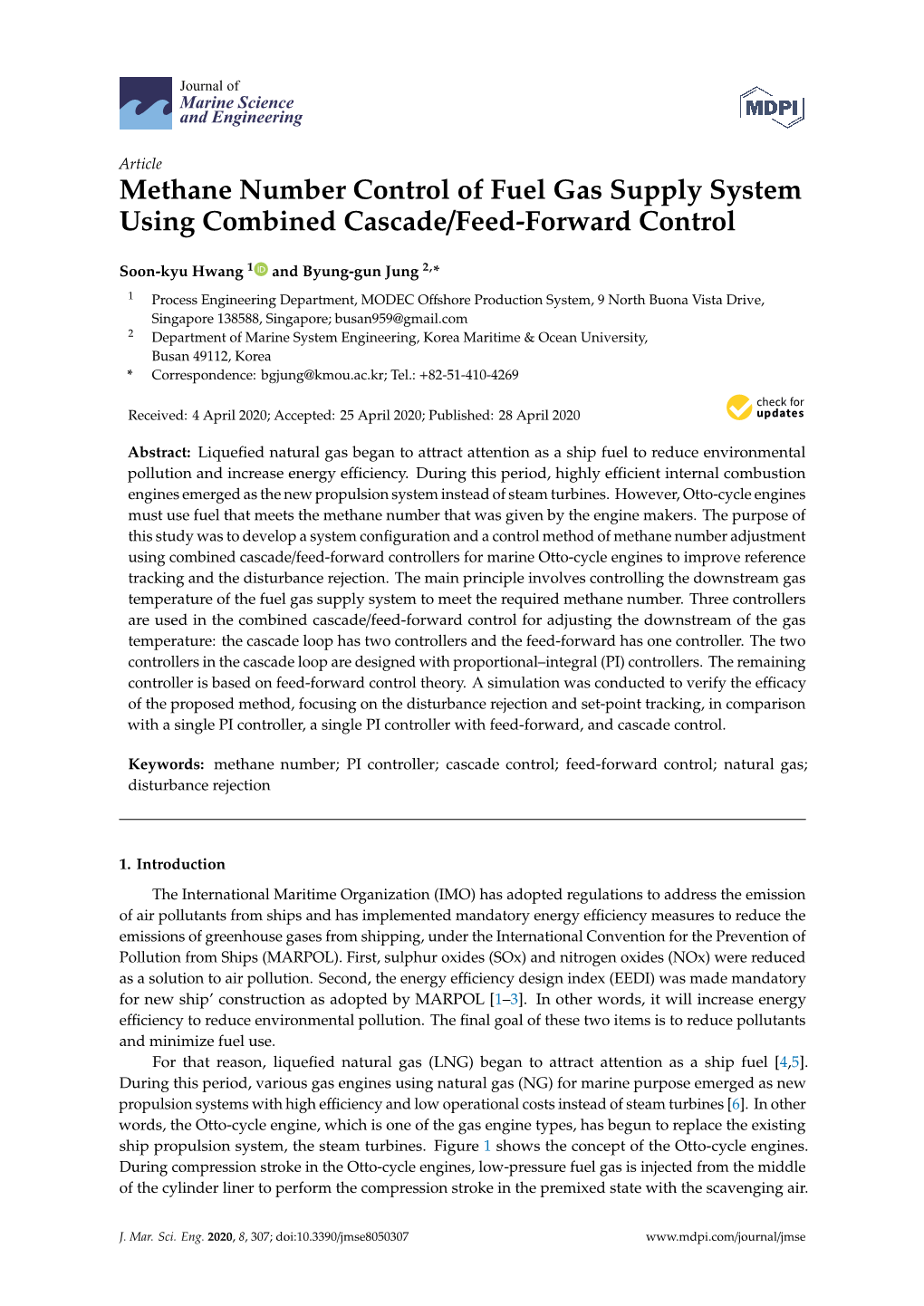 Methane Number Control of Fuel Gas Supply System Using Combined Cascade/Feed-Forward Control