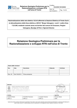 Relazione Geologica Preliminare Per La Razionalizzazione E Sviluppo RTN Nell’Area Di Trento