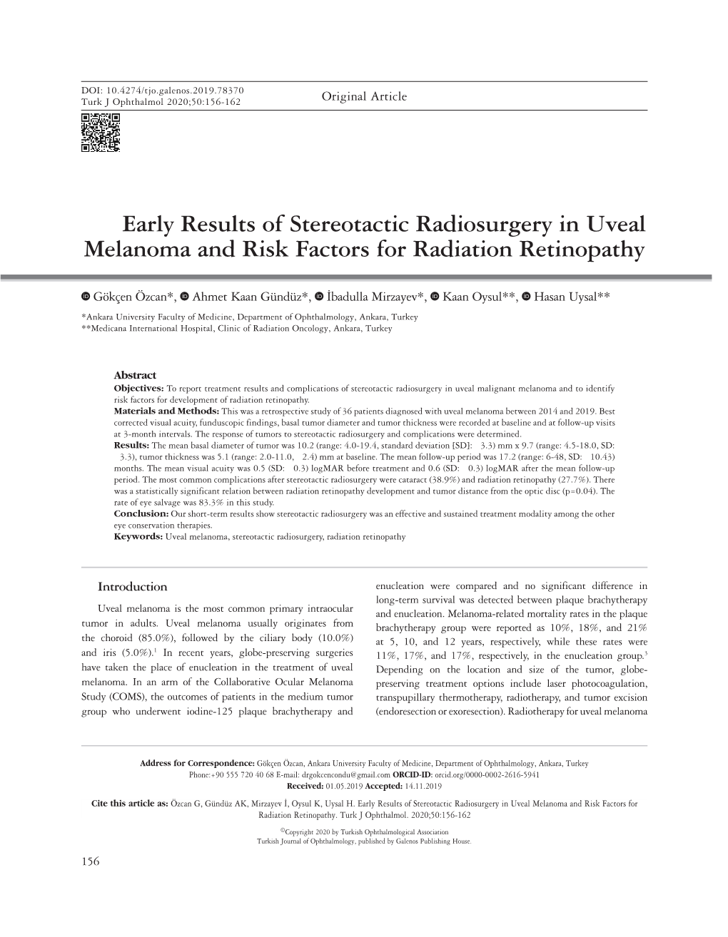 Early Results of Stereotactic Radiosurgery in Uveal Melanoma and Risk Factors for Radiation Retinopathy