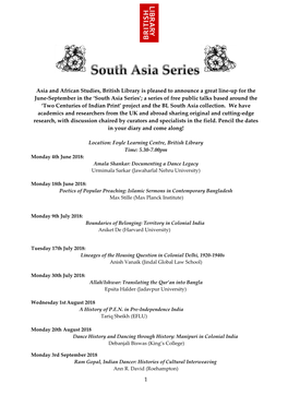 Asia and African Studies, British Library Is Pleased to Announce A