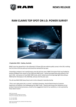 News Release Ram Claims Top Spot on J.D. Power Survey