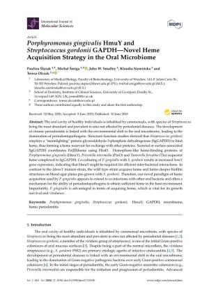 Porphyromonas Gingivalis Hmuy and Streptococcus Gordonii GAPDH—Novel Heme Acquisition Strategy in the Oral Microbiome