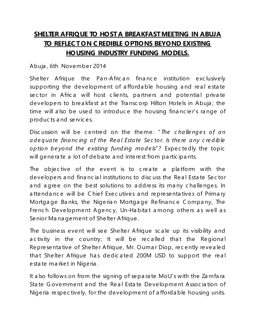 Shelter Afrique to Host a Breakfast Meeting in Abuja to Reflect on Credible Options Beyond Existing Housing Industry Funding Models