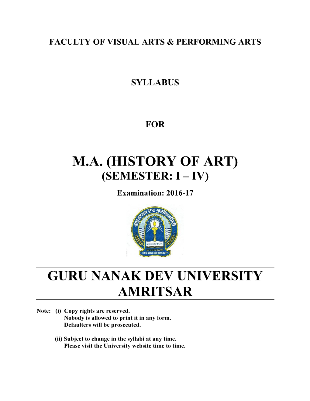 M.A. (HISTORY of ART) (SEMESTER: I – IV) Examination: 2016-17