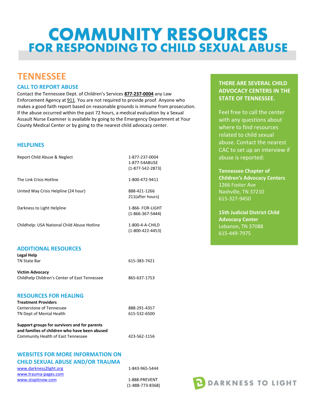 TENNESSEE THERE ARE SEVERAL CHILD CALL to REPORT ABUSE Contact the Tennessee Dept