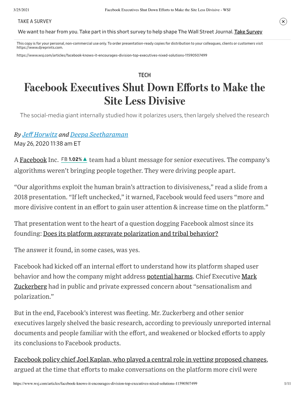 Facebook Executives Shut Down Efforts to Make the Site Less Divisive - WSJ