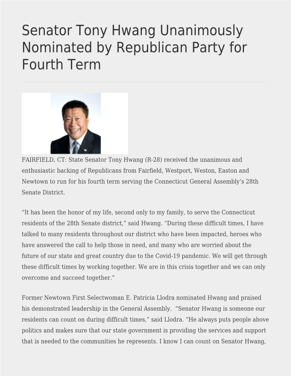 Senator Tony Hwang Unanimously Nominated by Republican Party for Fourth Term
