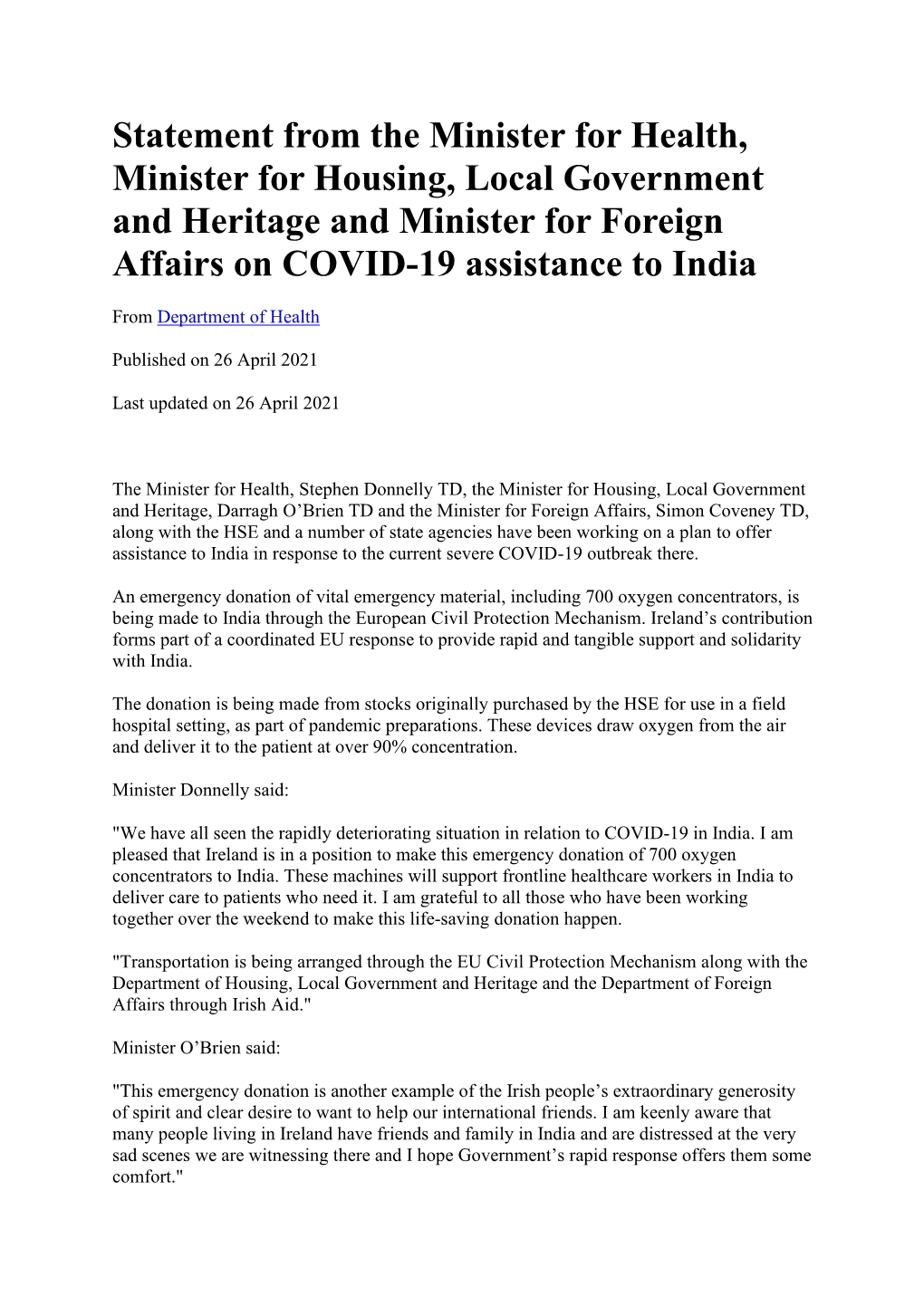 Statement from the Minister for Health, Minister for Housing, Local Government and Heritage and Minister for Foreign Affairs on COVID-19 Assistance to India