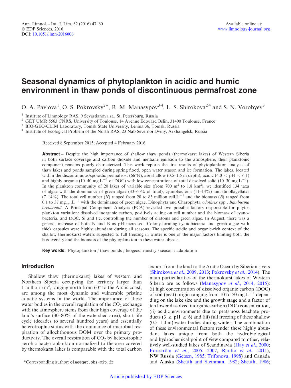 Seasonal Dynamics of Phytoplankton in Acidic and Humic Environment in Thaw Ponds of Discontinuous Permafrost Zone
