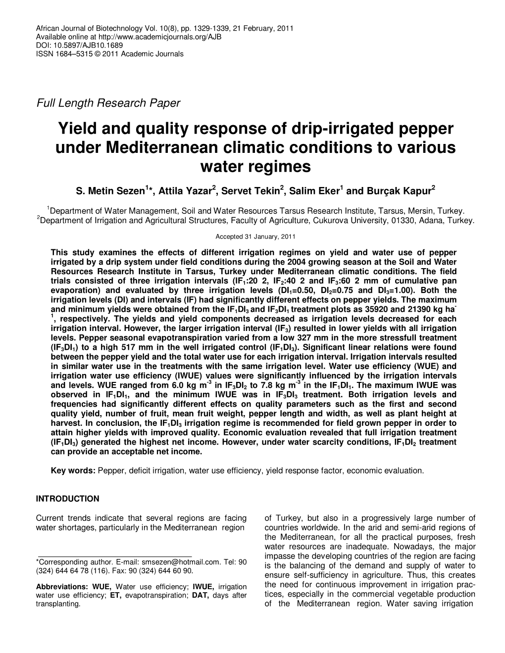 Yield and Quality Response of Drip-Irrigated Pepper Under Mediterranean Climatic Conditions to Various Water Regimes
