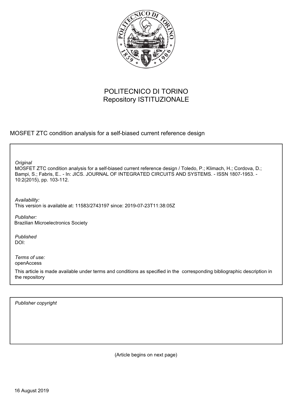 MOSFET ZTC Condition Analysis for a Self-Biased Current Reference Design