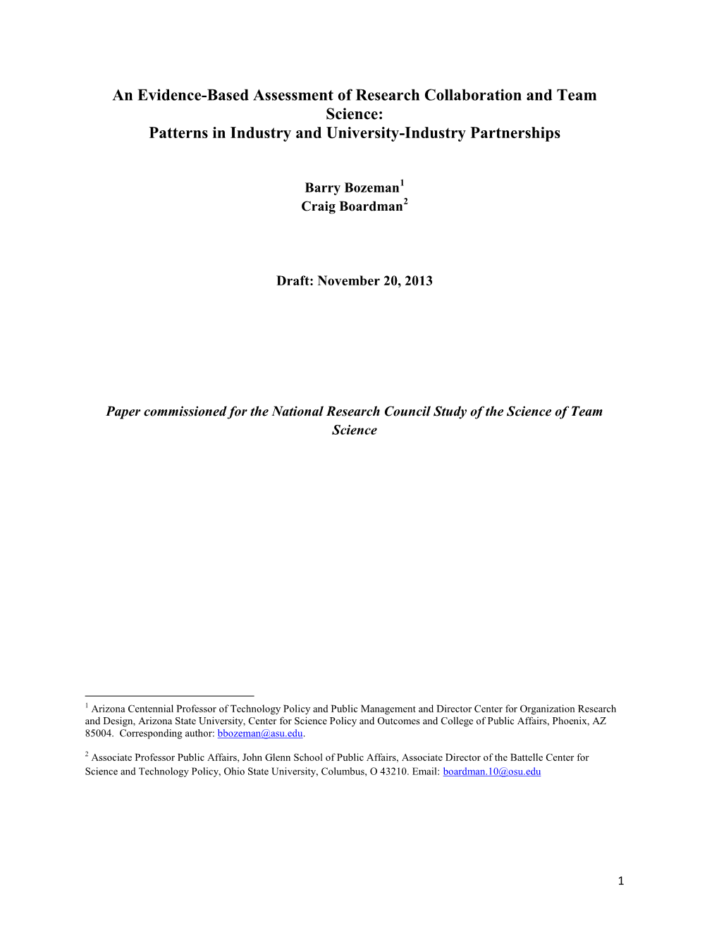 An Evidence-Based Assessment of Research Collaboration and Team Science: Patterns in Industry and University-Industry Partnerships