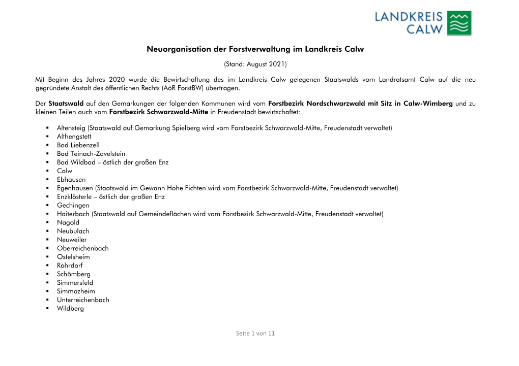 Neuorganisation Der Forstverwaltung Im Landkreis Calw