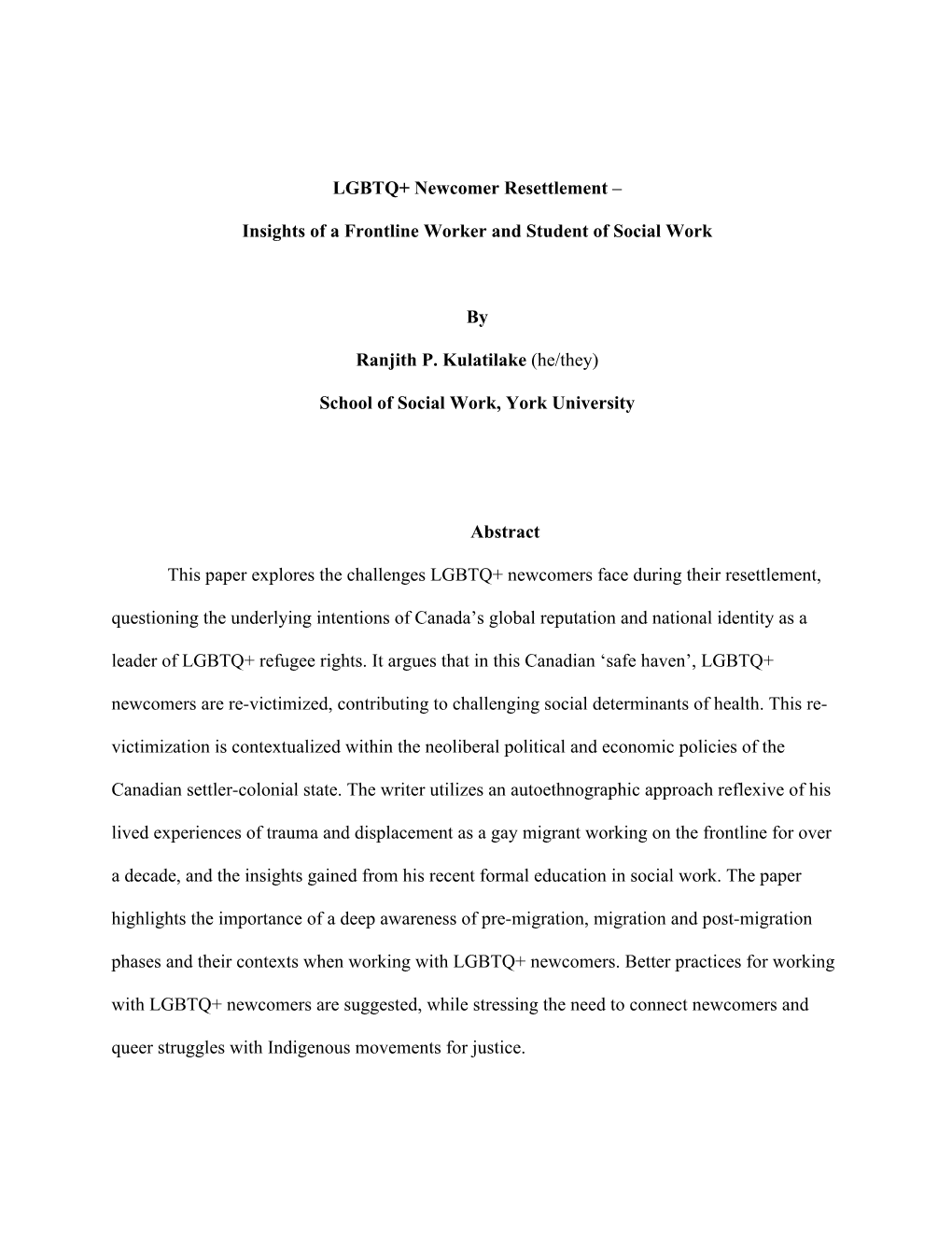 LGBTQ+ Newcomer Resettlement – Insights of a Frontline Worker and Student of Social Work