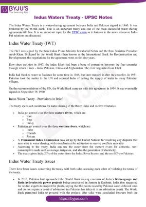 UPSC Notes Indus Water Treaty (IWT)