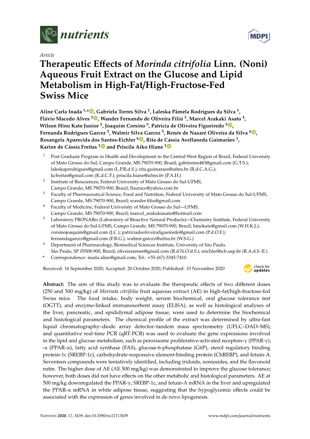 Noni) Aqueous Fruit Extract on the Glucose and Lipid Metabolism in High-Fat/High-Fructose-Fed Swiss Mice