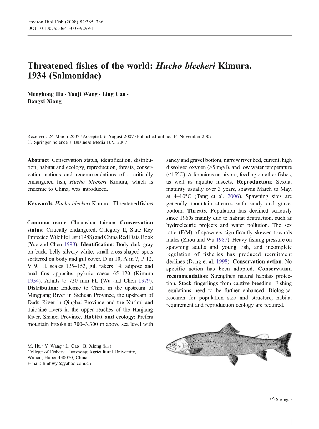 Threatened Fishes of the World: Hucho Bleekeri Kimura, 1934 (Salmonidae)