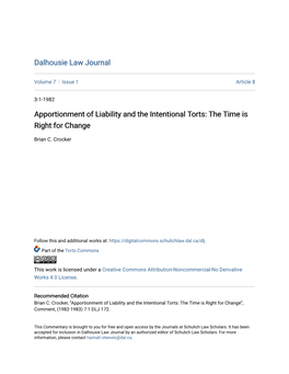 Apportionment of Liability and the Intentional Torts: the Time Is Right for Change