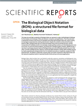 The Biological Object Notation (BON): a Structured Fle Format for Biological Data Received: 19 January 2018 Jan P