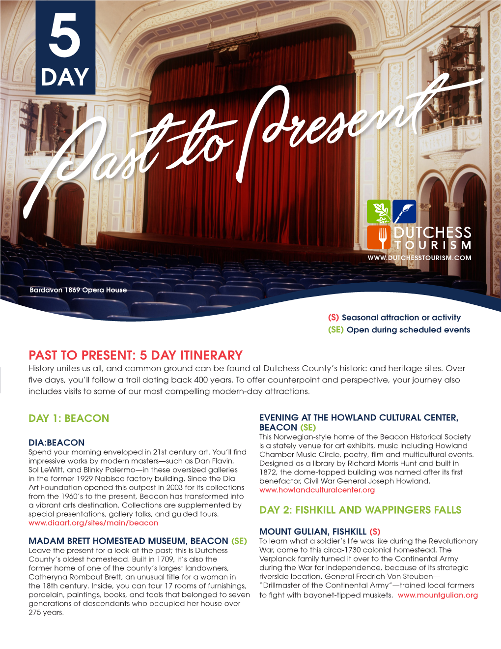 PAST to PRESENT: 5 DAY ITINERARY History Unites Us All, and Common Ground Can Be Found at Dutchess County’S Historic and Heritage Sites