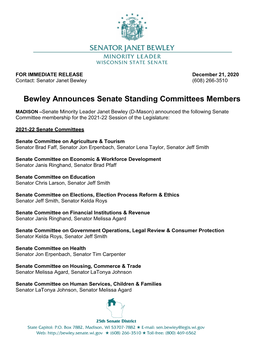 Bewley Announces Senate Standing Committees Members