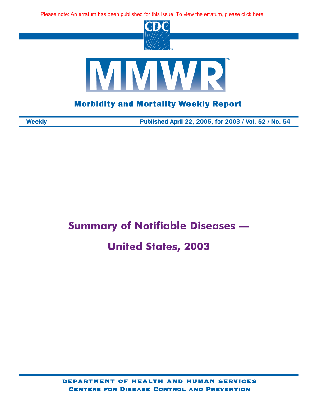 Summary of Notifiable Diseases — United States, 2003