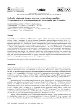 Molecular Phylogeny, Biogeography, and Conservation Status of the Texas-Endemic Freshwater Mussel Lampsilis Bracteata (Bivalvia, Unionidae)