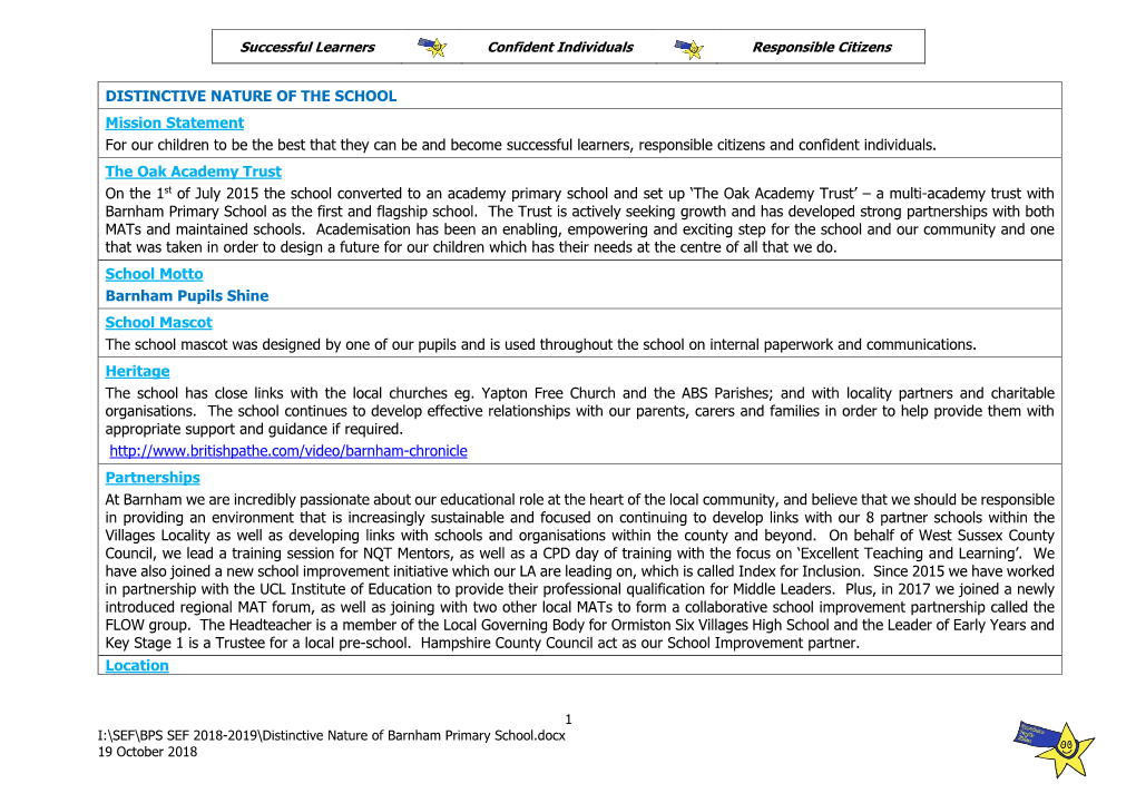 DISTINCTIVE NATURE of the SCHOOL Mission Statement For