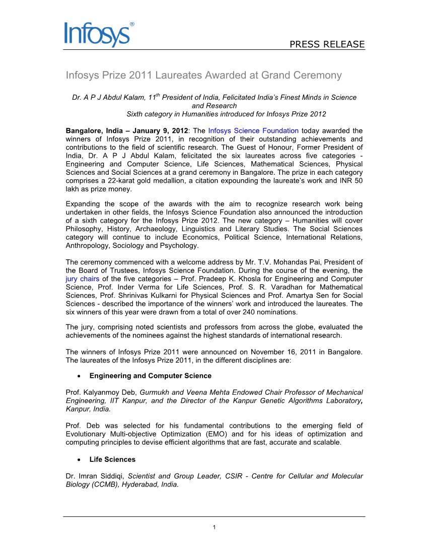 Infosys Prize 2011 Laureates Awarded at Grand Ceremony