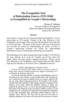 The Evangelistic Zeal of Reformation Geneva (1533-1560) As Exemplified in Crespin's Martyrology