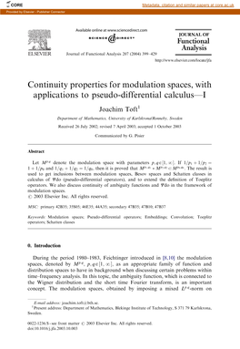 Continuity Properties for Modulation Spaces, with Applications to Pseudo-Differential Calculus—I