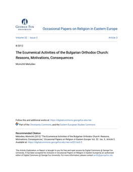 The Ecumenical Activities of the Bulgarian Orthodox Church: Reasons, Motivations, Consequences