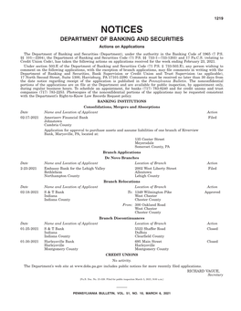 NOTICES DEPARTMENT of BANKING and SECURITIES Actions on Applications