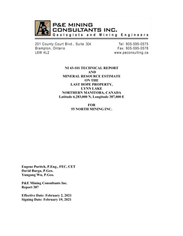 NI 43-101 TECHNICAL REPORT and MINERAL RESOURCE ESTIMATE on the LAST HOPE PROPERTY, LYNN LAKE NORTHERN MANITOBA, CANADA Latitude 6,283,000 N, Longitude 387,000 E