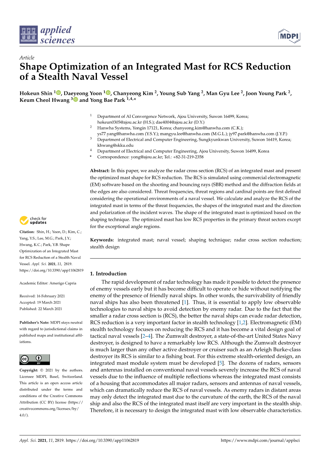 Shape Optimization of an Integrated Mast for RCS Reduction of a Stealth Naval Vessel