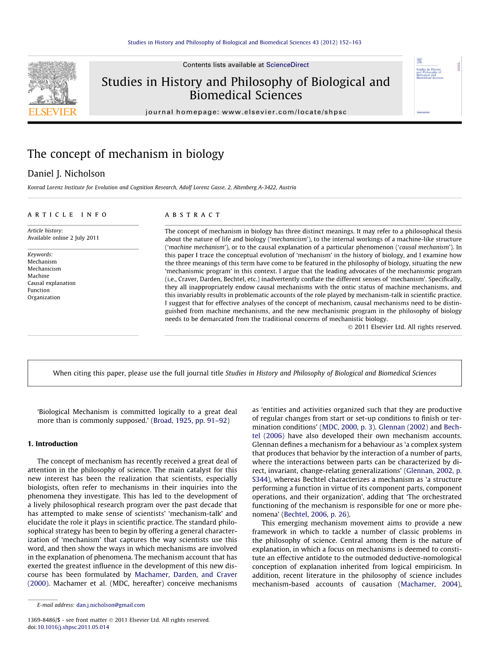 The Concept of Mechanism in Biology