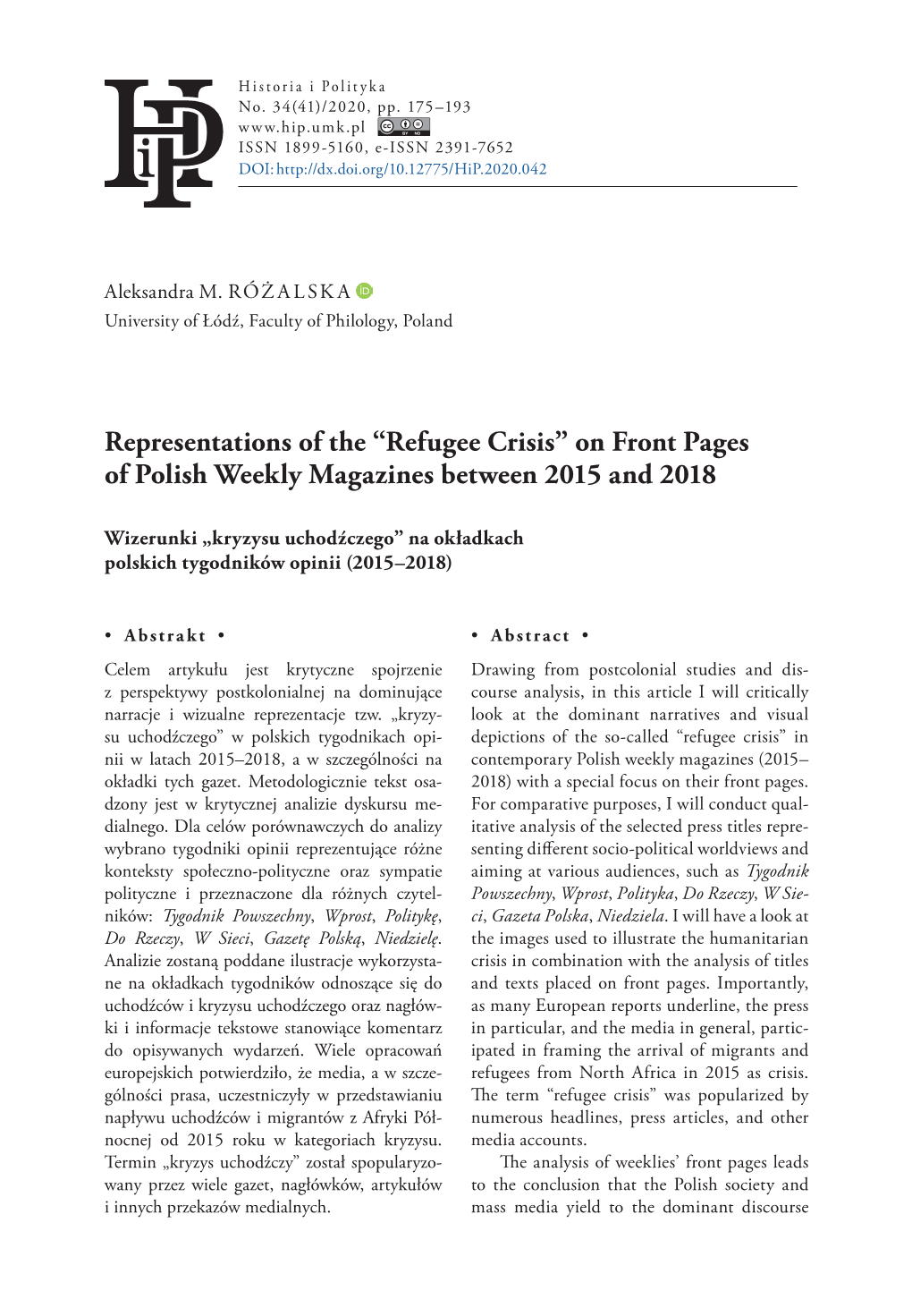 “Refugee Crisis” on Front Pages of Polish Weekly Magazines Between 2015 and 2018